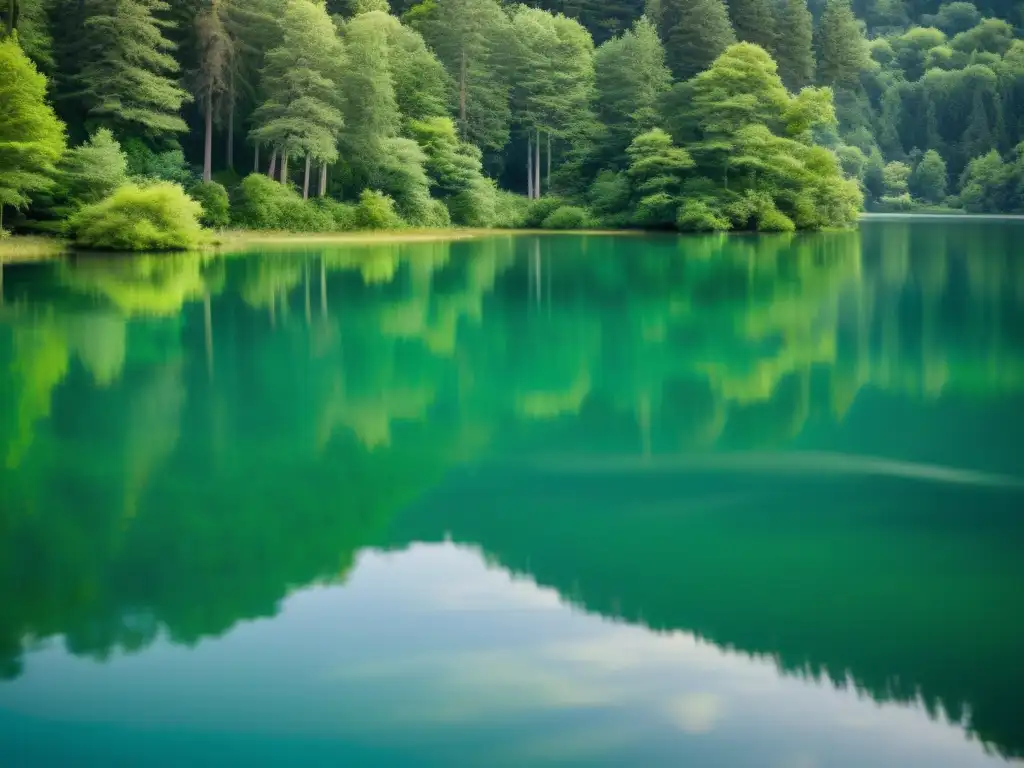 Una fotografía paisajística de Feng Shui que captura la tranquilidad de un lago rodeado de exuberante vegetación