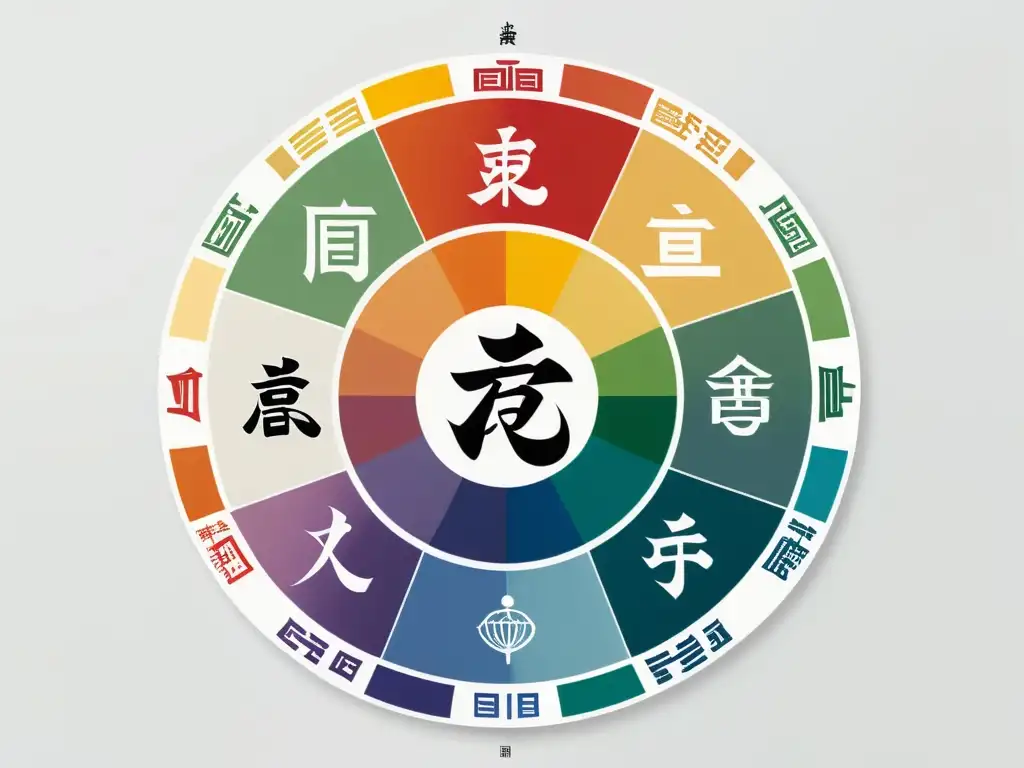 Un mandala Feng Shui con la paleta de colores, símbolos chinos y los cinco elementos, transmite armonía y equilibrio