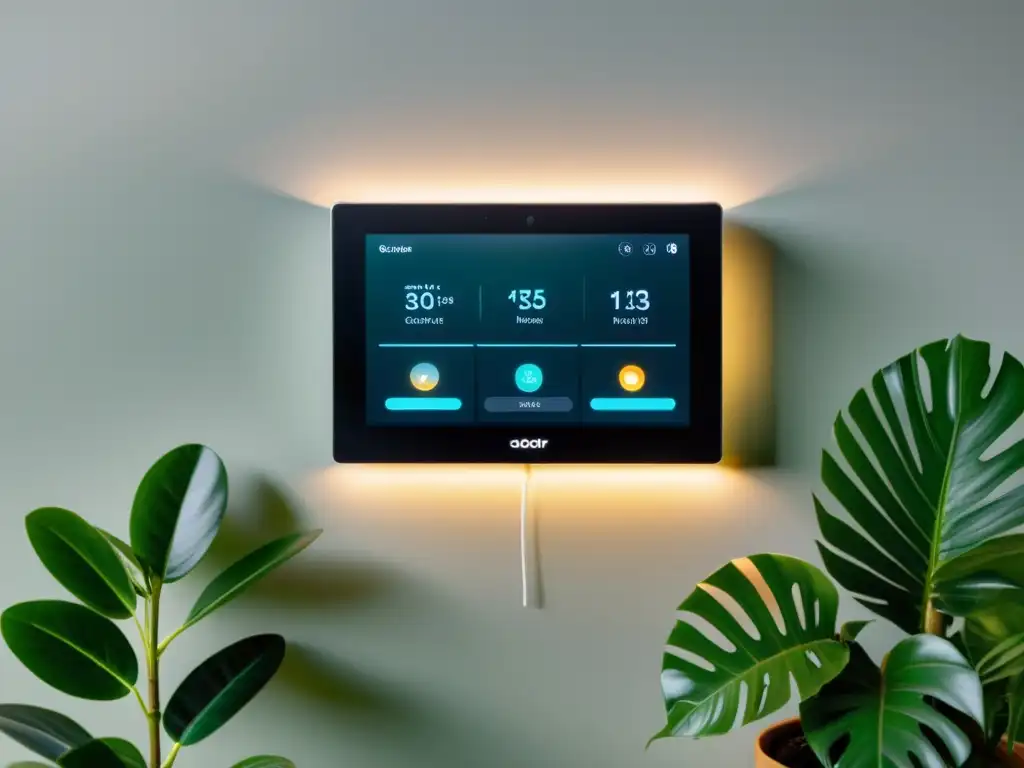 Panel de control para automatización del hogar con Feng Shui, rodeado de plantas y decoración minimalista en un espacio de vida moderno y armonioso