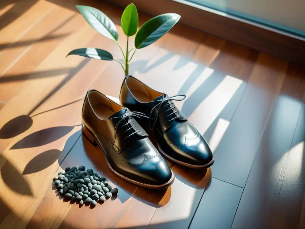 Un par de elegantes zapatos de cuero negro sobre un suelo de madera, rodeados de piedras y una planta, creando una atmósfera tranquila y armoniosa