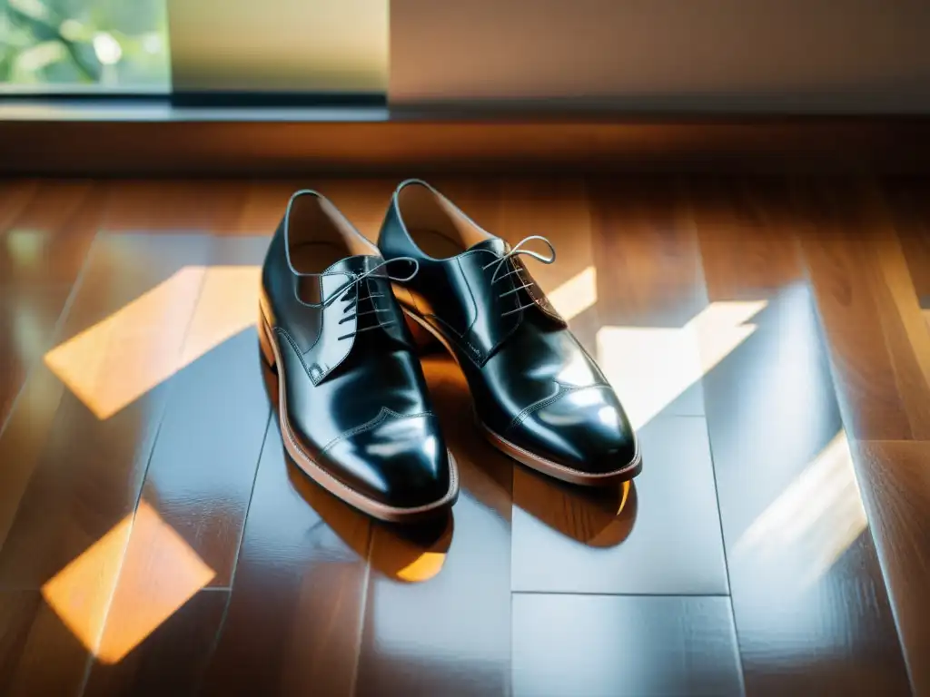 Un par de elegantes zapatos de cuero negro sobre un suelo de madera, bañados por una suave luz natural que entra desde una ventana cercana