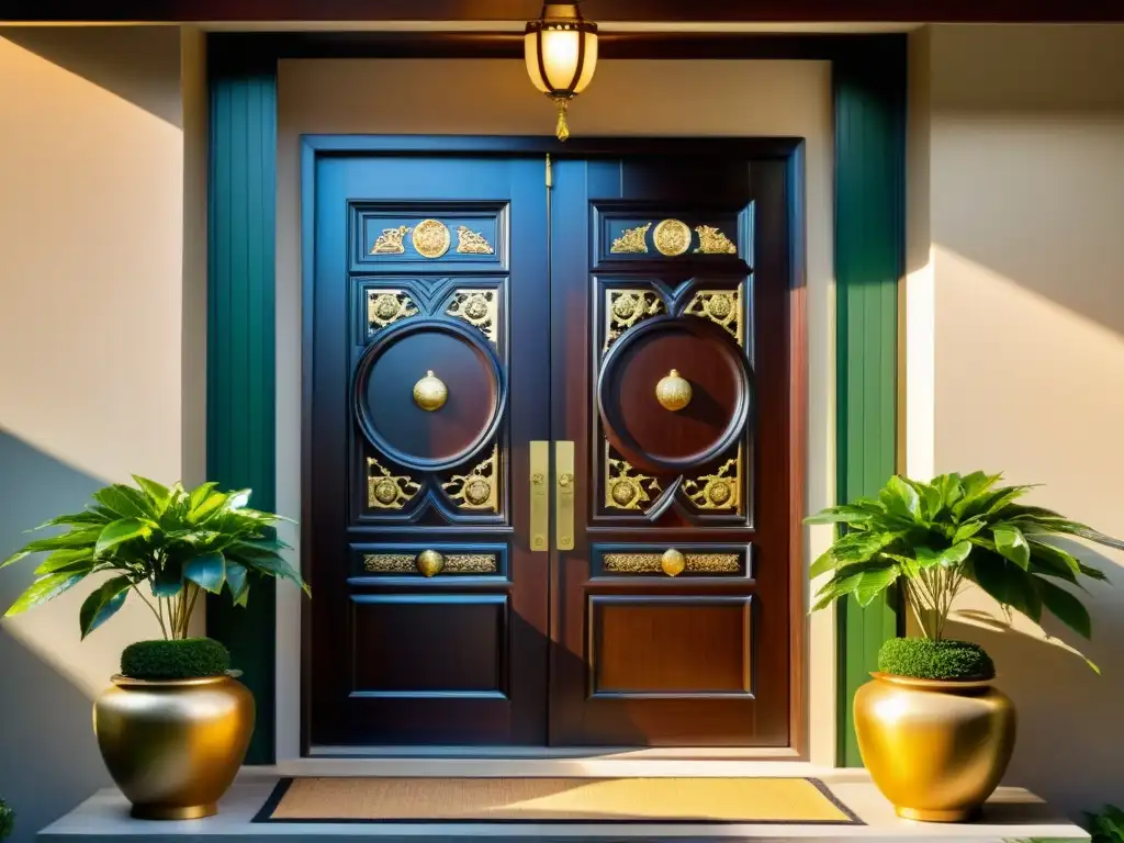 Par de puertas de madera oscura con tallados de símbolos de Feng Shui, rodeadas de plantas verdes