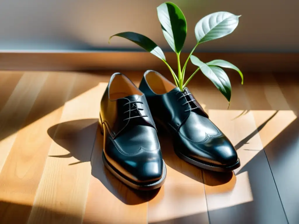 Par de zapatos de cuero negro sobre suelo de madera con luz natural