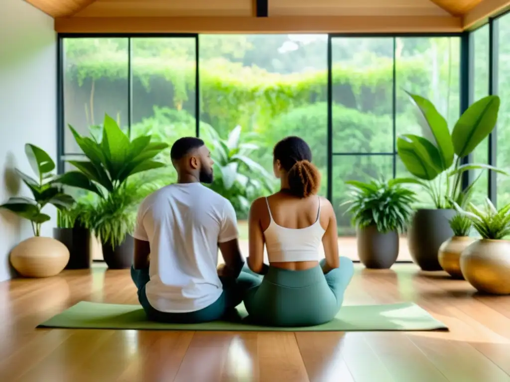 Una pareja medita en un espacio armonioso y tranquilo, rodeados de plantas verdes, en una práctica de meditación en pareja feng shui