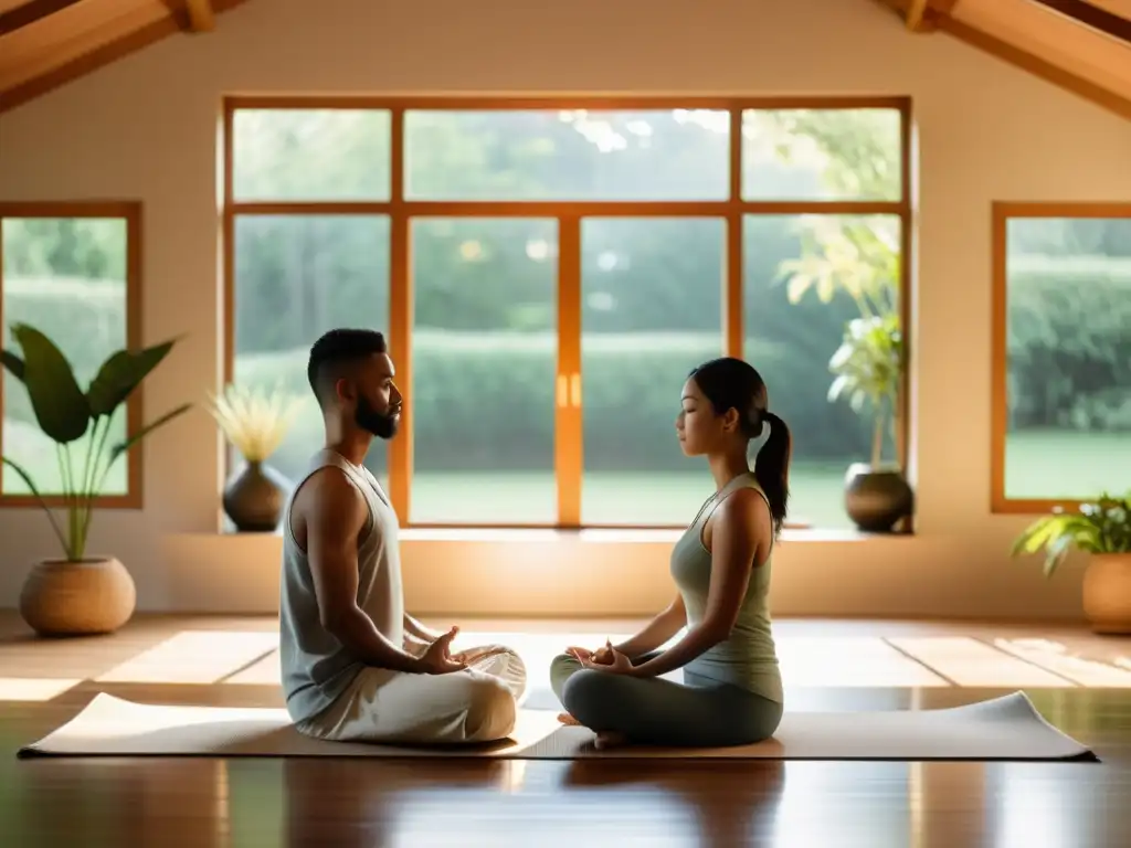 Una pareja medita en armonía en un espacio minimalista, iluminado por la luz natural, en una habitación tranquila con decoración feng shui