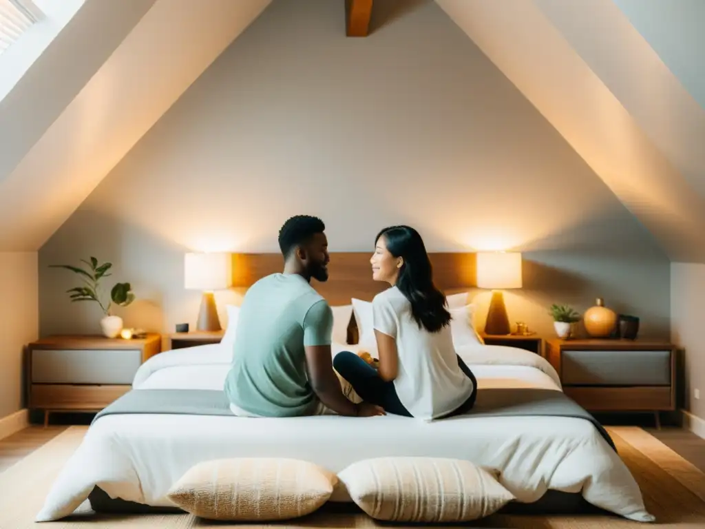 Una pareja disfruta de una íntima conversación en un dormitorio con equilibrio y armonía feng shui para relaciones