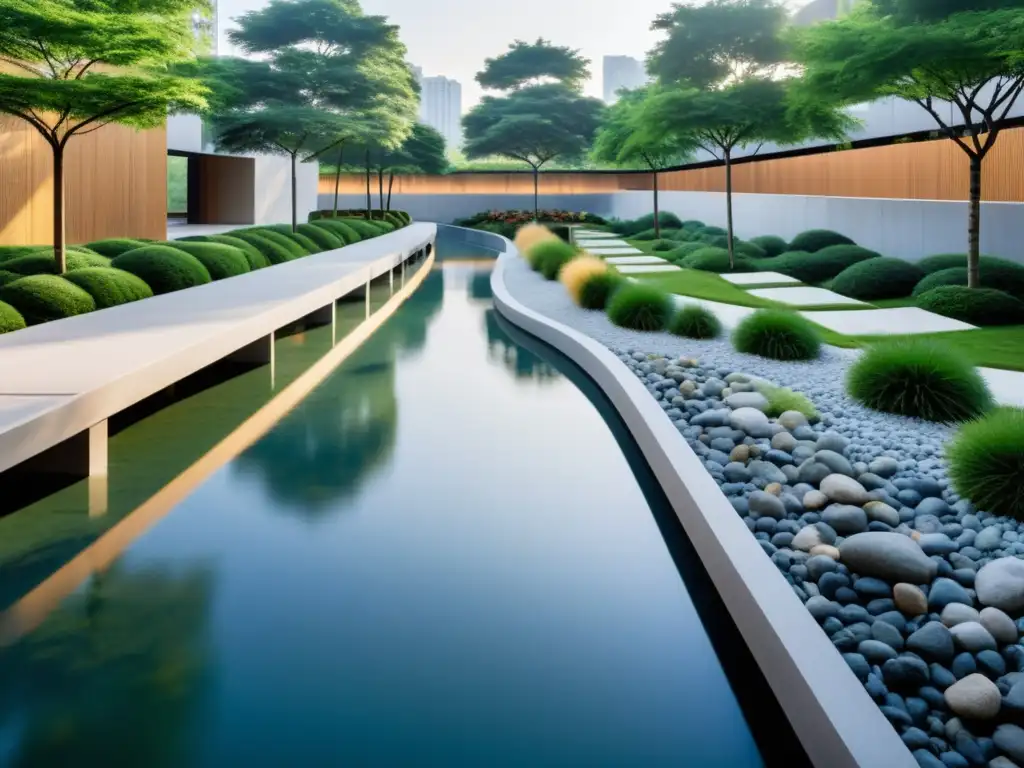 Parque público sereno y minimalista: armonía urbana con Feng Shui Un parque público sereno y minimalista diseñado con elementos de Feng Shui para convivencia urbana, invita a la armonía y tranquilidad