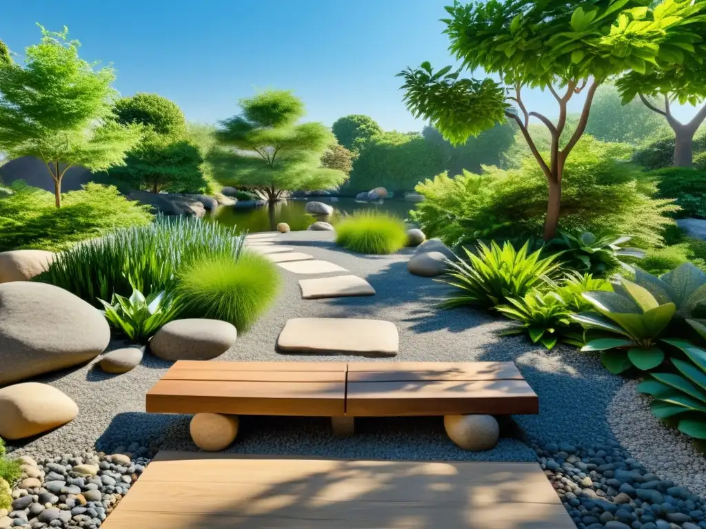 Parque sereno con arreglos cuidados de rocas y plantas, un estanque tranquilo reflejando árboles y cielo azul