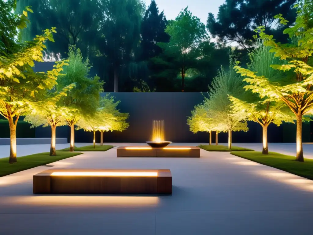 Un parque urbano minimalista con espacios de descanso con Feng Shui, rodeado de árboles altos y luces suaves