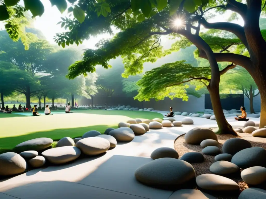 Un parque urbano minimalista con rocas, agua y árboles creando armonía