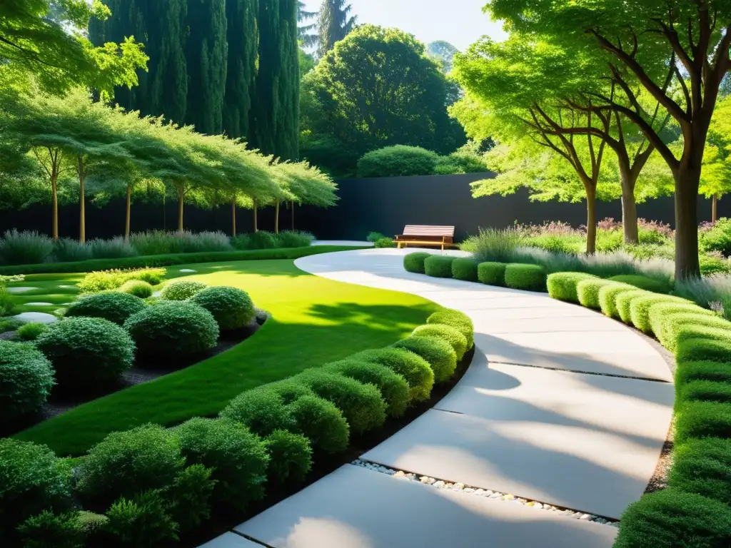 Un parque urbano sereno con senderos de piedra, vegetación exuberante y un estanque tranquilo