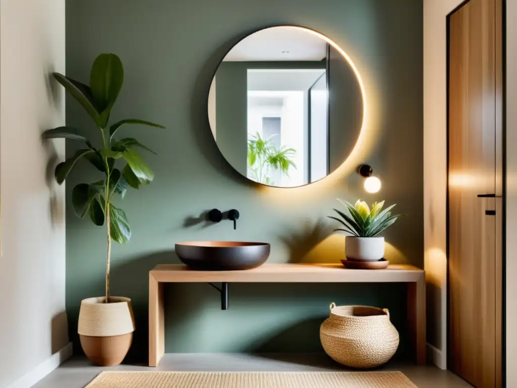 Un pasillo estrecho con iluminación cálida, espejo grande, plantas y decoración minimalista