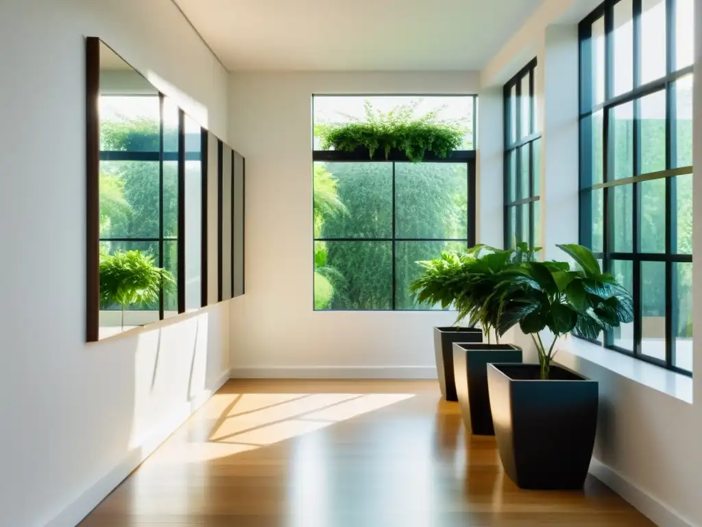 Corredor sereno con espejos y plantas verdes Un pasillo iluminado por el sol con espejos y plantas, creando un ambiente de tranquilidad y energía positiva