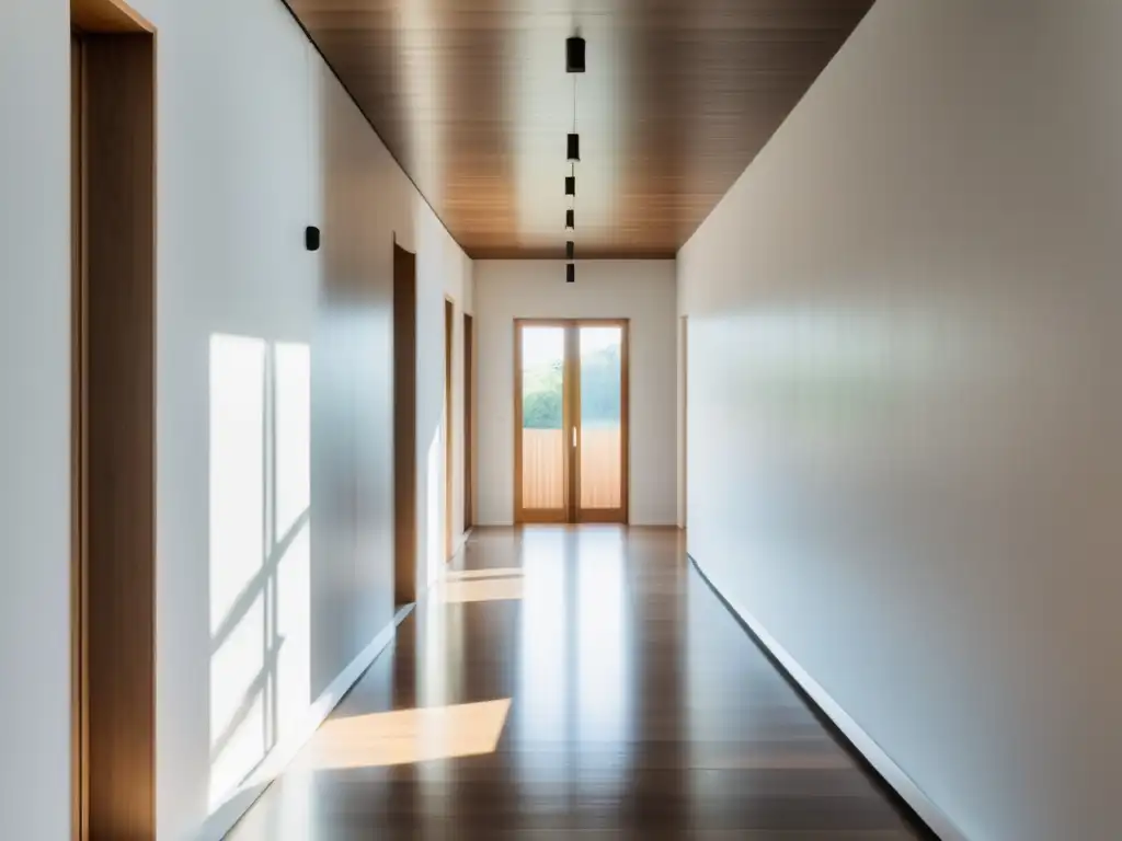 Un pasillo largo bañado por suave luz natural, paredes blancas y suelo de madera pulida, evocando calma y tranquilidad