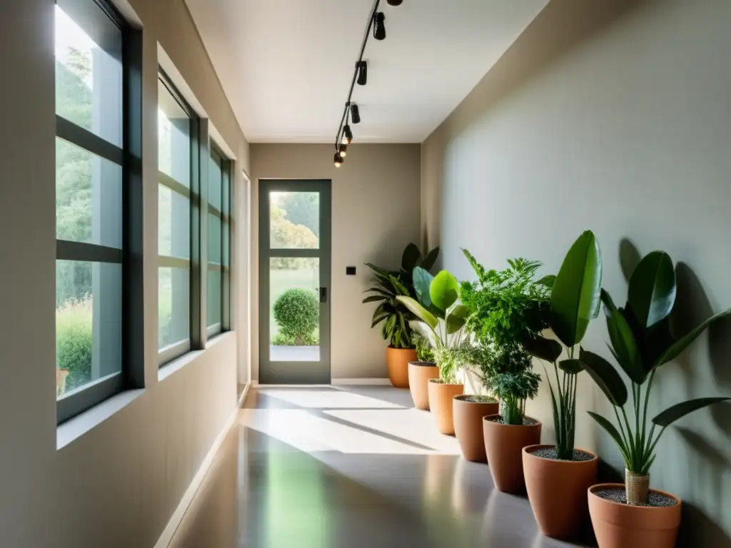 Un pasillo largo y estrecho con luz natural suave que entra por pequeñas ventanas