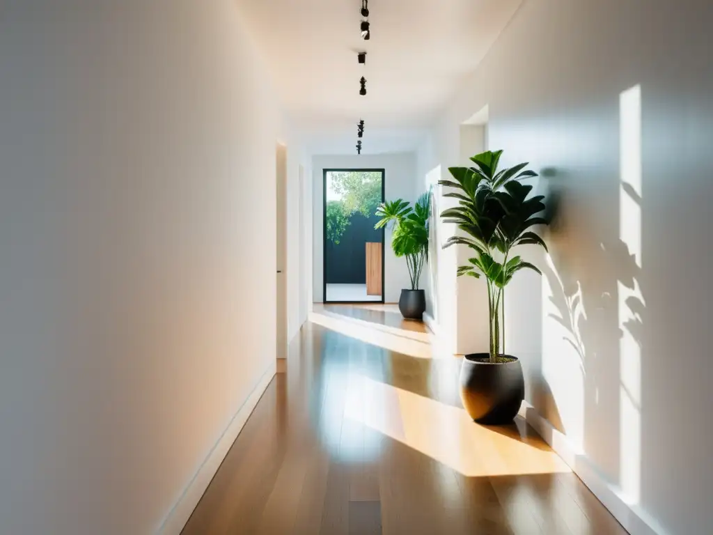 Tranquilo pasillo blanco con plantas verdes Un pasillo largo y estrecho con paredes blancas y suelo de madera pulida