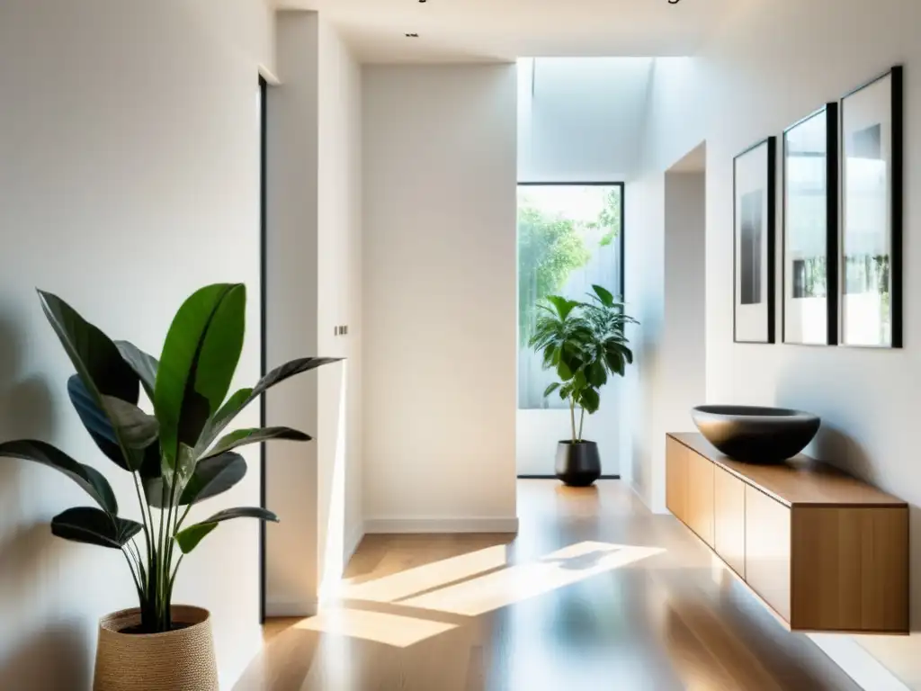 Hall minimalista bañado en luz natural: armonía y paz Un pasillo minimalista bañado por luz natural, con sombras suaves en las paredes blancas y suelos de madera pulida