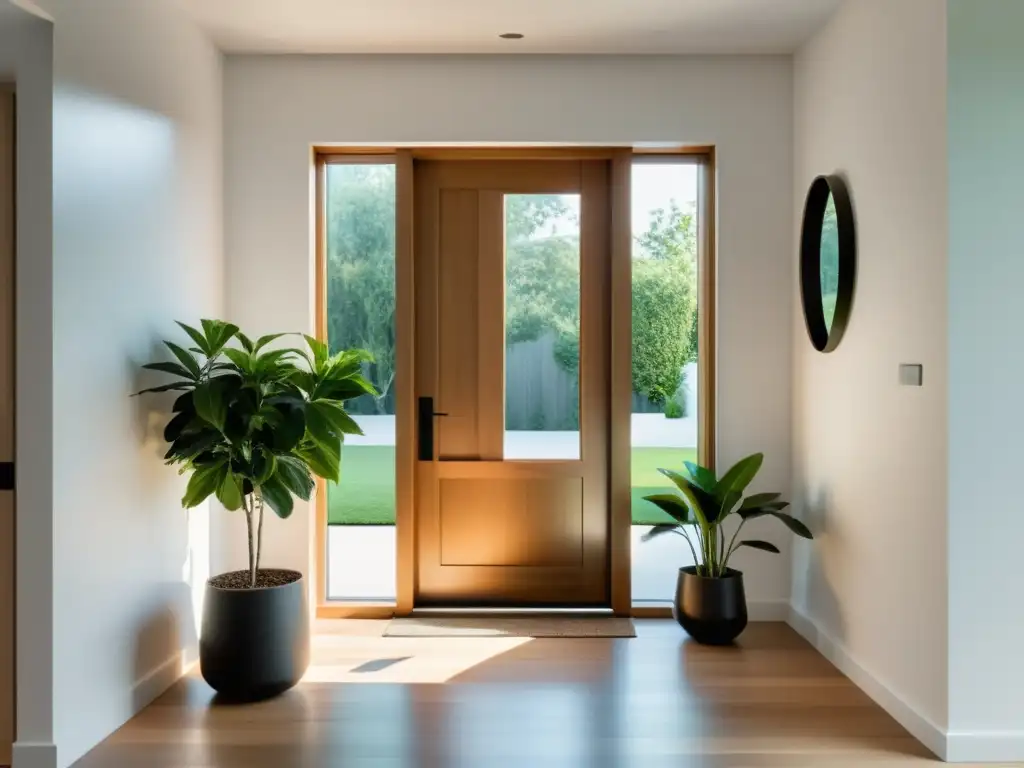 Un pasillo minimalista con puerta y ventanas de madera, luz natural y equilibrio Feng Shui puertas y ventanas