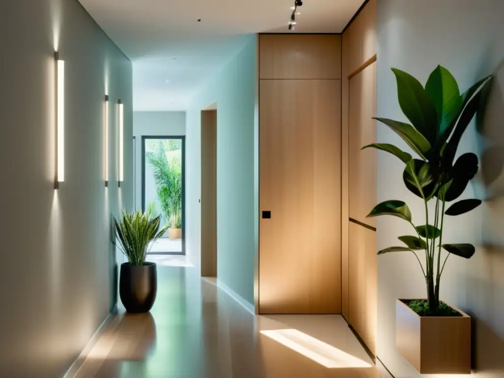 Corredor moderno y sereno con arte contemporáneo y toques naturales Un pasillo moderno y minimalista con decoración natural y arte contemporáneo, transformando pasillos en canales de energía positiva