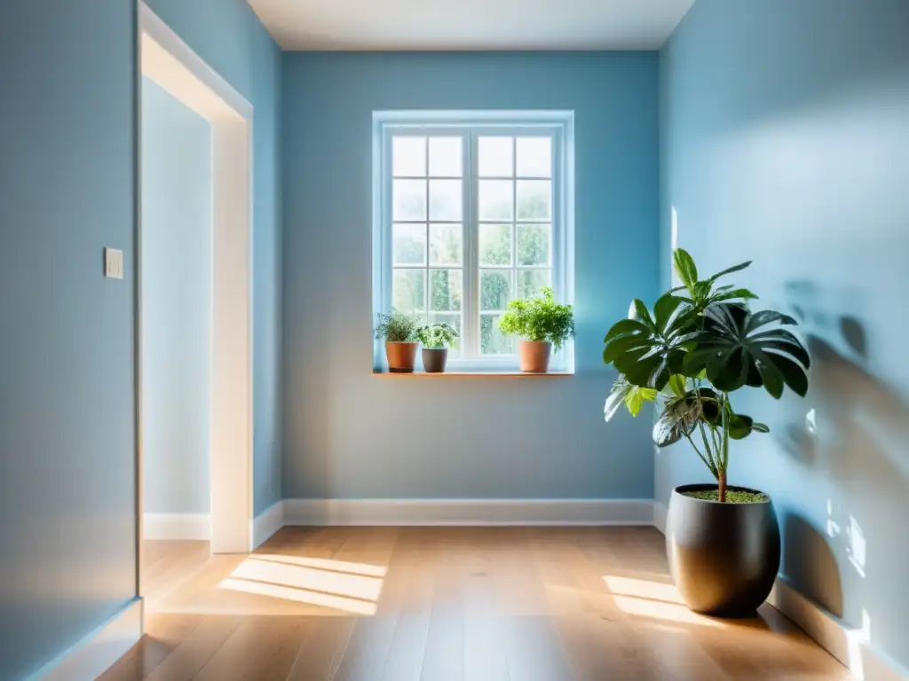 Un pasillo sereno y minimalista decorado con armonía Feng Shui, iluminado por luz natural suave a través de una ventana de vidrio esmerilado