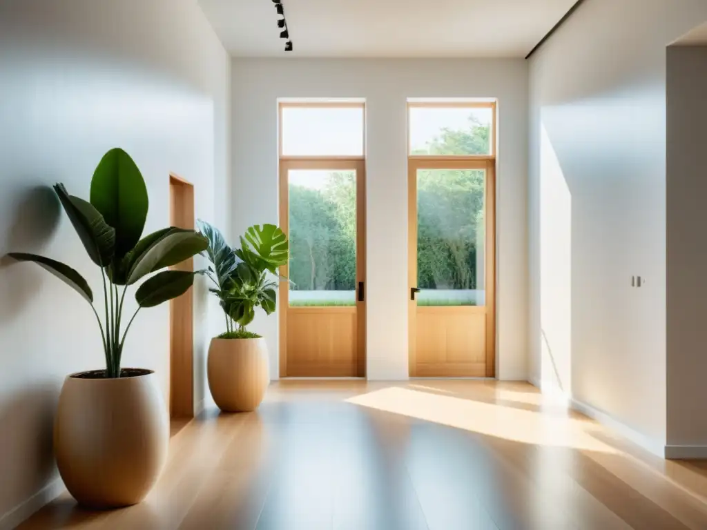 Corredor minimalista con luz natural y energía positiva Un pasillo sereno y minimalista con paredes blancas y luz natural que fluye a través de amplias ventanas
