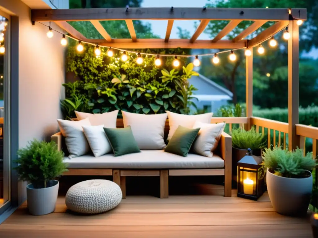 Terraza acogedora iluminada por luces de ambiente Un patio al aire libre iluminado por luces colgantes, creando un ambiente acogedor y tranquilo con uso de la luz en exteriores