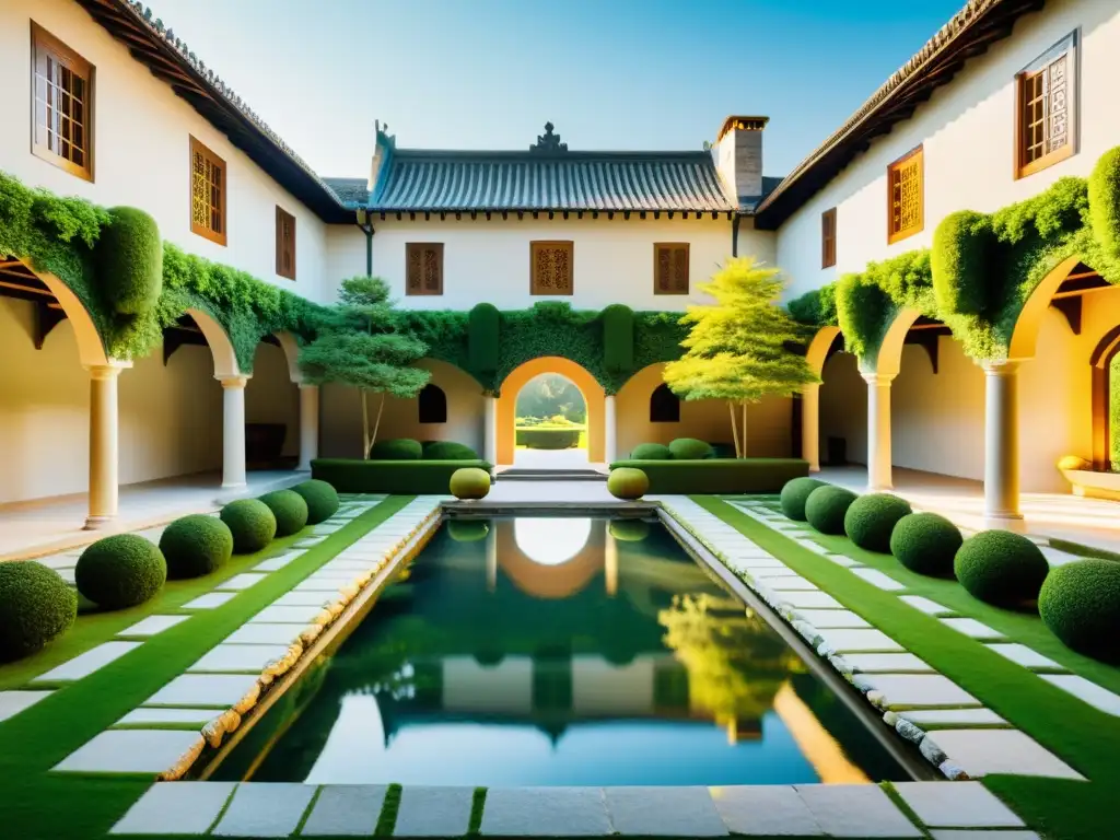 Un patio de castillo medieval con jardines armoniosos, agua tranquila y elementos naturales alineados con el Feng Shui en castillos medievales