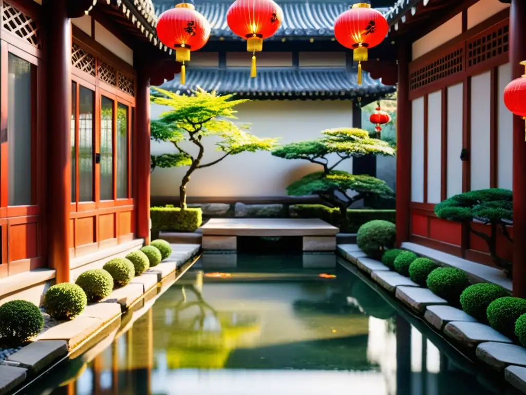 Un patio chino antiguo con faroles rojos y armoniosa arquitectura, reflejando el Feng Shui en edificios contemporáneos