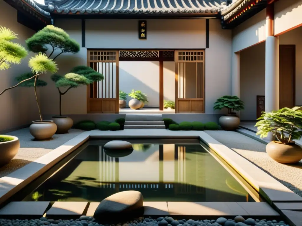 Un patio chino tradicional con estanque tranquilo, armonía y equilibrio, influencia del Feng Shui en China