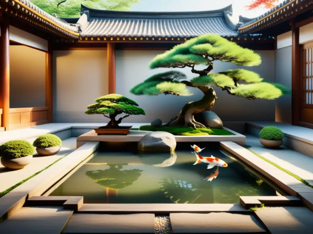 Un patio chino tradicional con un estanque sereno, peces koi y vegetación exuberante, reflejando el Feng Shui contemporáneo