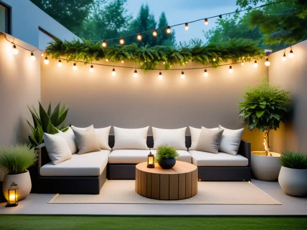 Un patio exterior minimalista y sereno con iluminación cálida y acogedora, ideal para aplicar los principios de Feng Shui