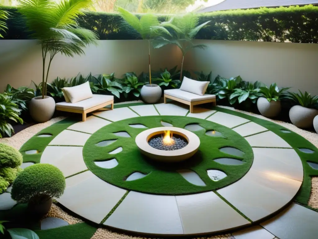 Un patio exterior sereno y minimalista con un cuidado jardín de Feng Shui