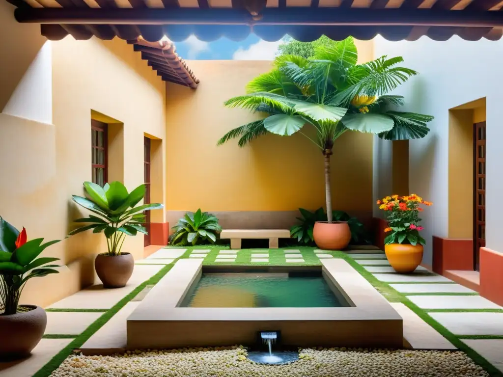 Un patio latinoamericano tradicional, reflejando el sincretismo cultural y armonía natural del Feng Shui en América Latina