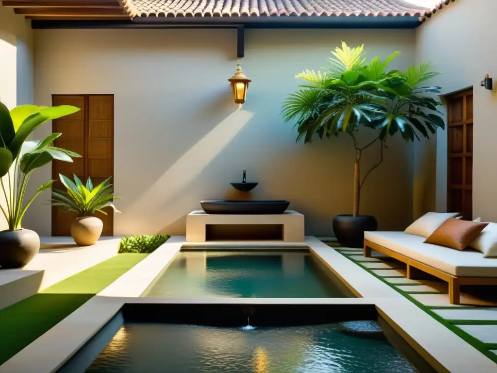 Un patio latinoamericano tranquilo con elementos de Feng Shui y arquitectura colonial, reflejando el sincretismo cultural