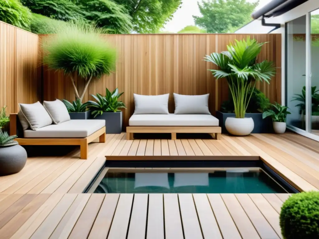 Un patio minimalista con un deck de madera, rodeado de plantas en macetas y un área de estar cómoda, siguiendo los principios del Feng Shui