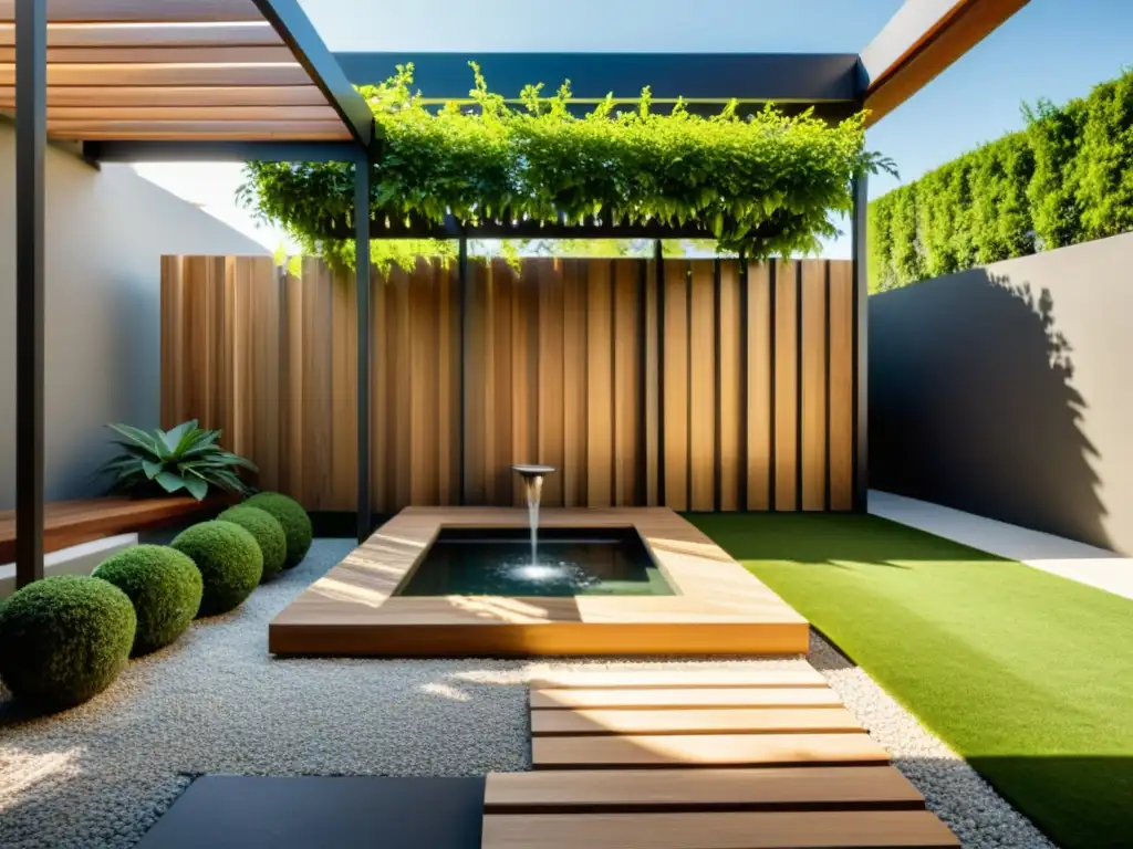 Un patio de jardín tranquilo con diseño minimalista, pérgola de madera y patrón de sombras