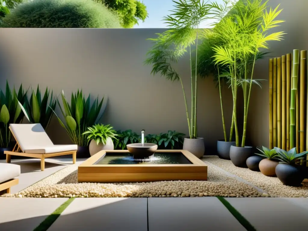 Un patio sereno y minimalista con plantas, piedras y una fuente