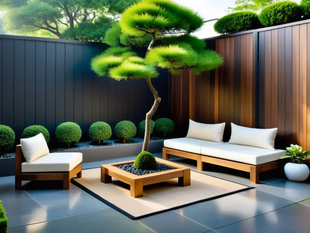 Un patio de jardín sereno con mobiliario de madera, cojines crema y bonsái en una mesa, creando equilibrio y tranquilidad