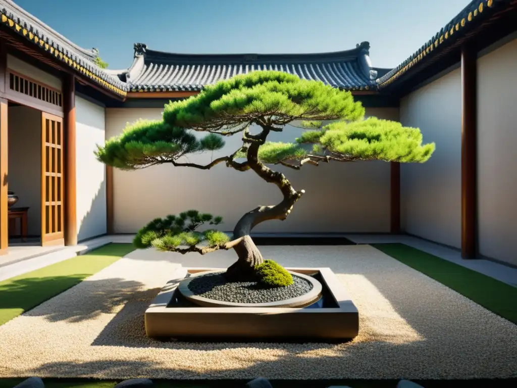 Un patio tradicional chino con jardín, piedras y agua, evocando la armonía y el Feng Shui en la Ruta de la Seda