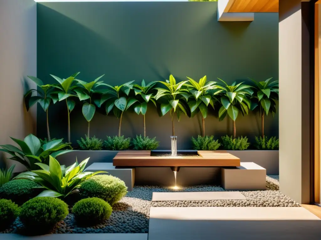 Un patio tranquilo y minimalista con fuente y plantas verdes en disposición armoniosa Feng Shui para patios pequeños