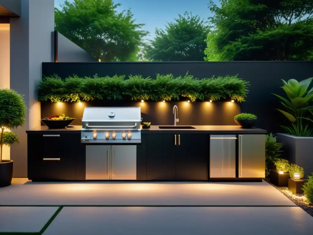 Un patio trasero minimalista con una elegante isla de barbacoa de granito negro, rodeada de muebles modernos, vegetación exuberante y suave iluminación ambiental, creando un espacio armonioso y acogedor en la noche