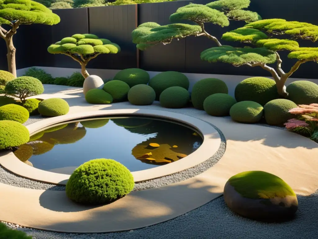 Jardín japonés zen con patrones en la grava, bonsáis y estanque con peces koi, evocando armonía y tranquilidad