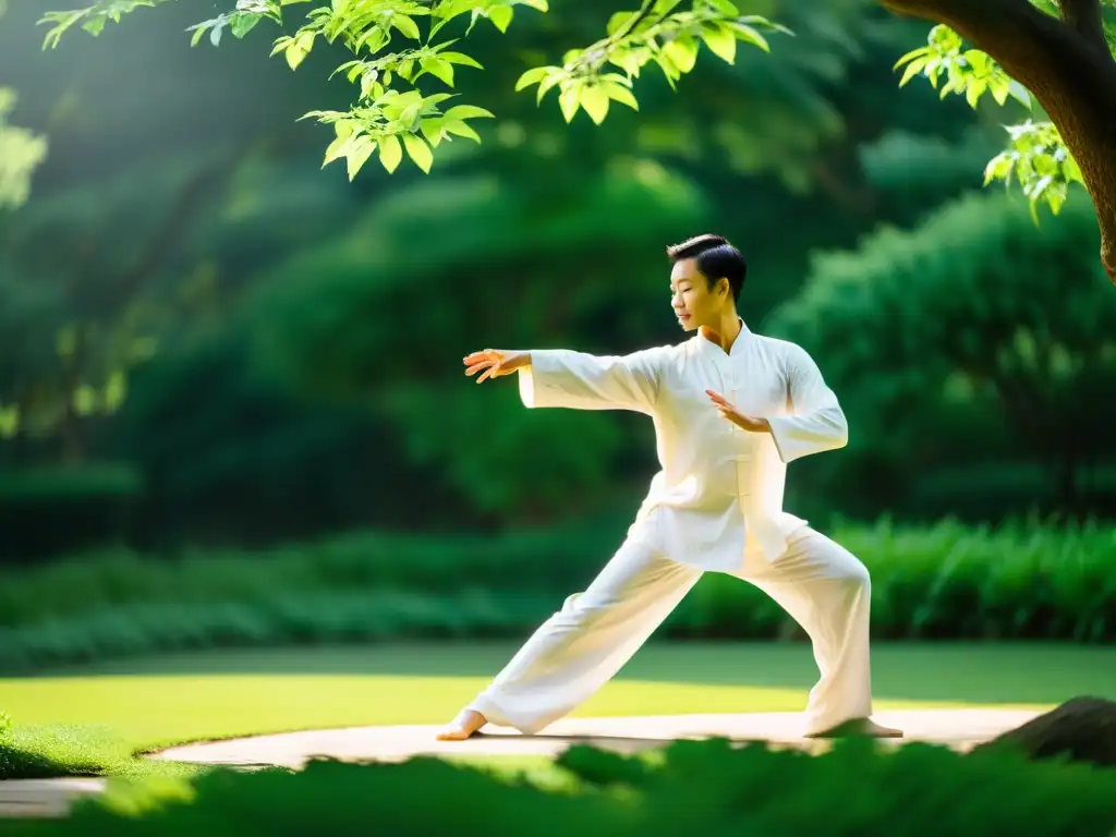 Paz interior en casa con Tai Chi: Persona practicando Tai Chi en un jardín tranquilo, rodeada de exuberante vegetación y suave luz solar