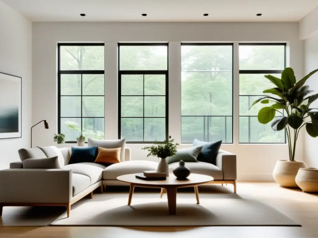 Paz interior mediante el Feng Shui: Espacio sereno y minimalista con muebles limpios, plantas y luz natural