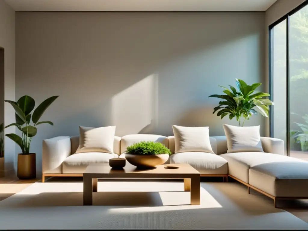 Paz interior mediante el Feng Shui: Sala de estar serena y minimalista con tonos neutros y líneas limpias, bañada por suave luz natural