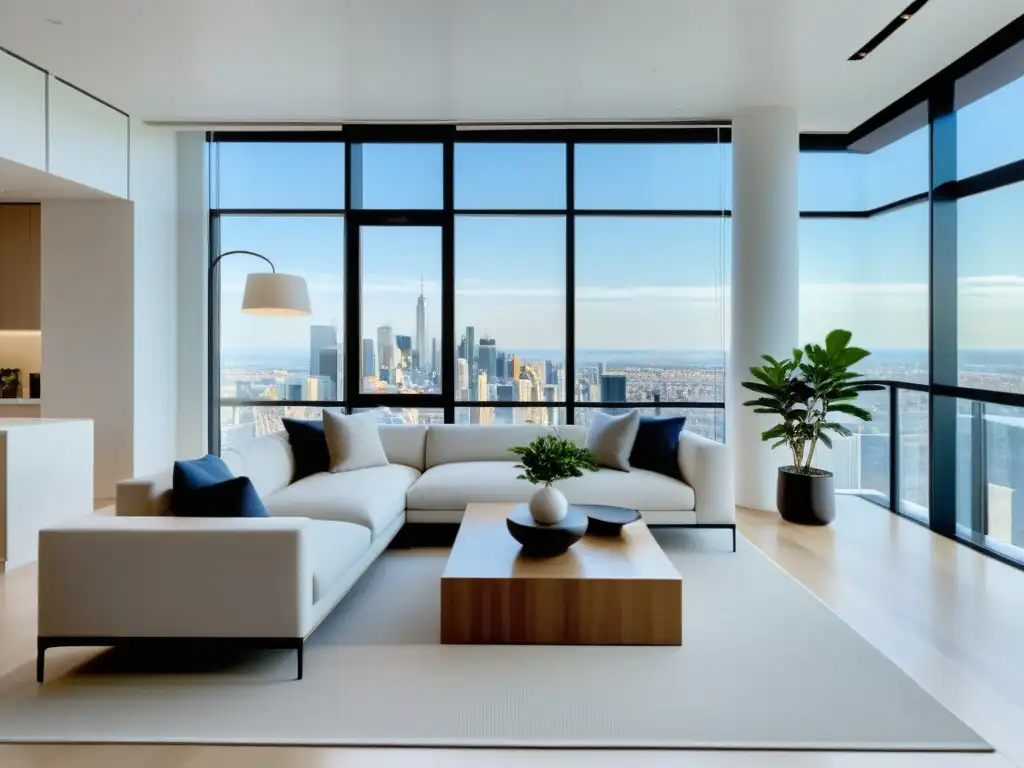 Un penthouse moderno con Feng Shui para áticos y apartamentos, decorado con líneas limpias y tonos neutros, creando armonía y tranquilidad