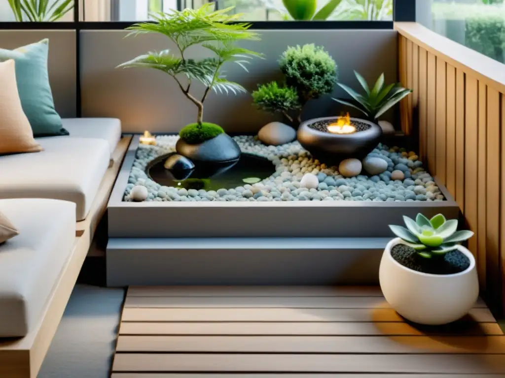 Un pequeño balcón con decoración minimalista y un jardín zen, evocando armonía y equilibrio