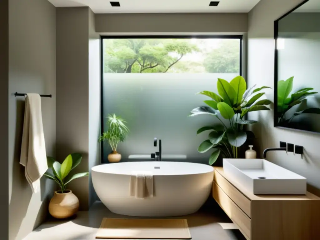 Armonización Feng Shui en un pequeño baño: diseño minimalista, tonos neutros y elementos equilibrados que crean un ambiente de tranquilidad y armonía