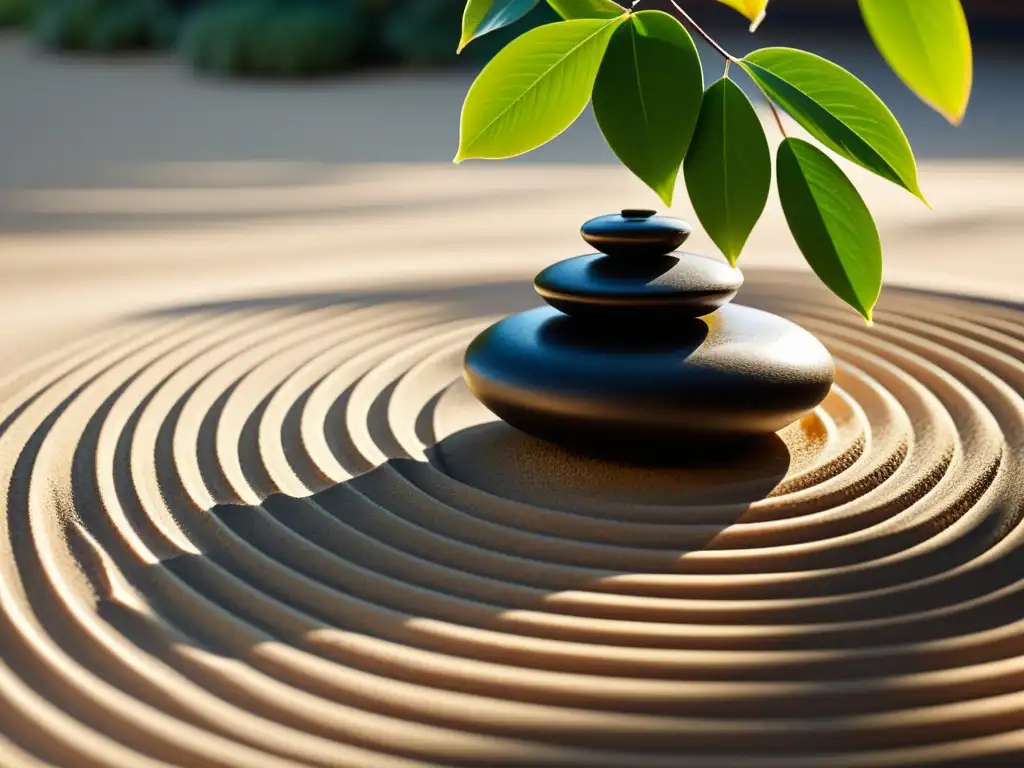 Un jardín Zen en perfecto equilibrio, con rocas y bonsái, bañado por la luz del sol