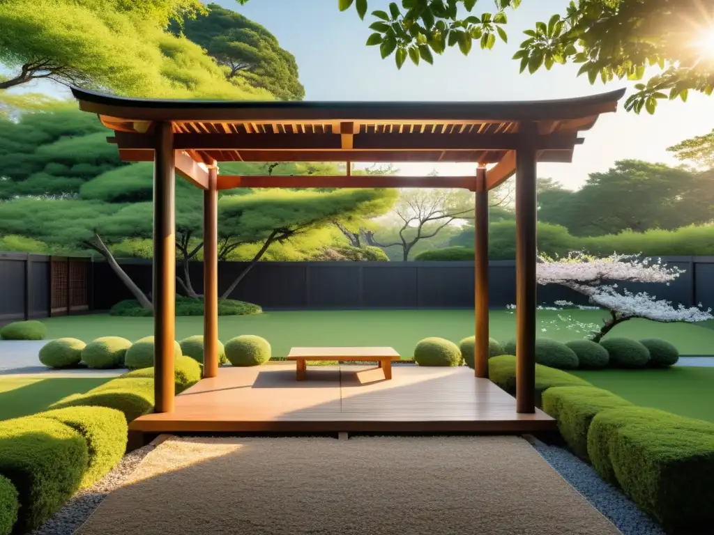 'Aplicando Feng Shui en Pérgolas: Una pérgola japonesa en un entorno sereno y equilibrado con flores de cerezo y luz suave del atardecer